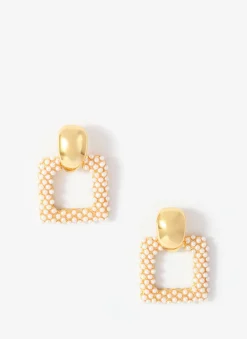 Gold Tone Statement Square Pearl Earrings