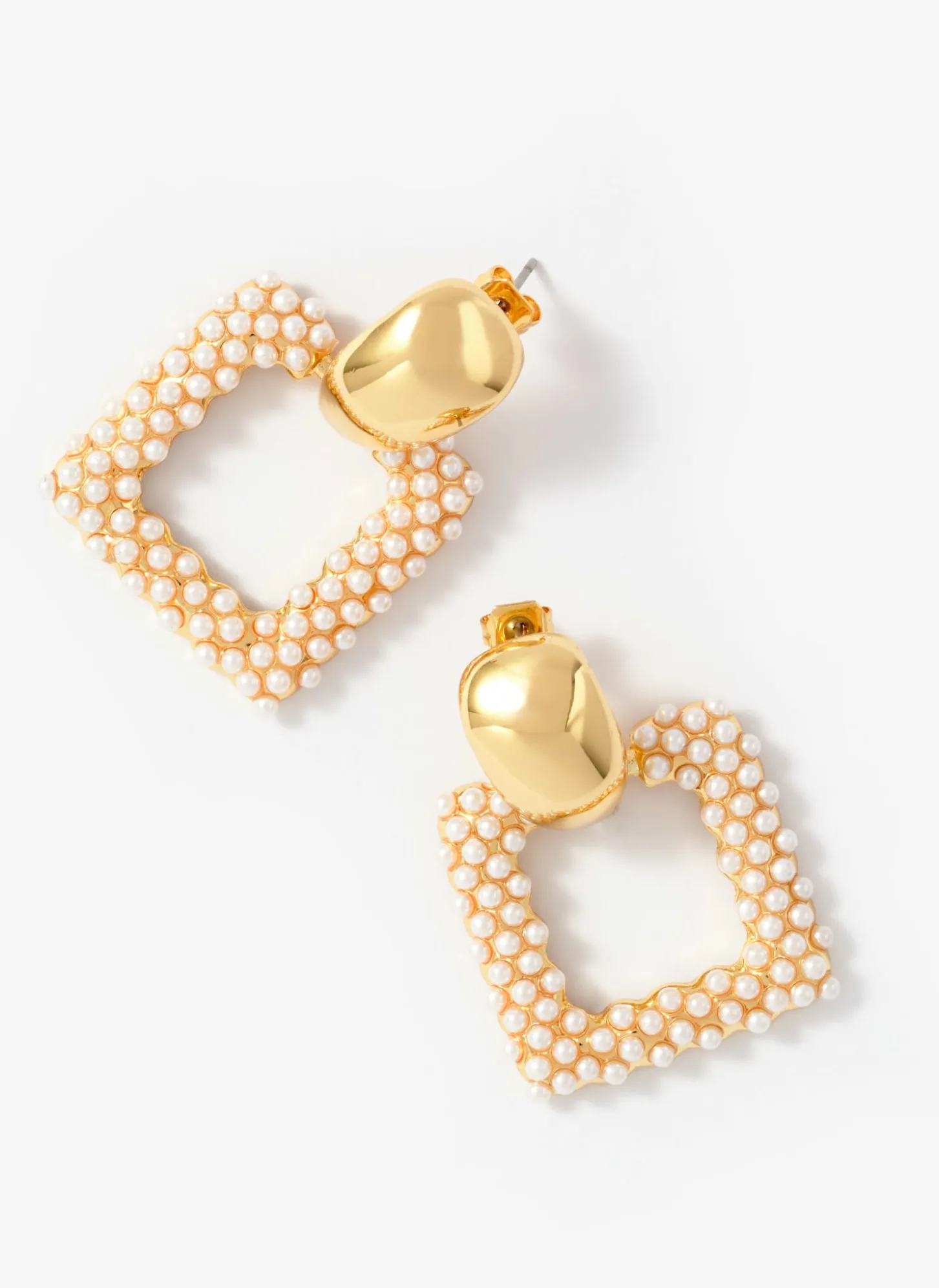 Gold Tone Statement Square Pearl Earrings