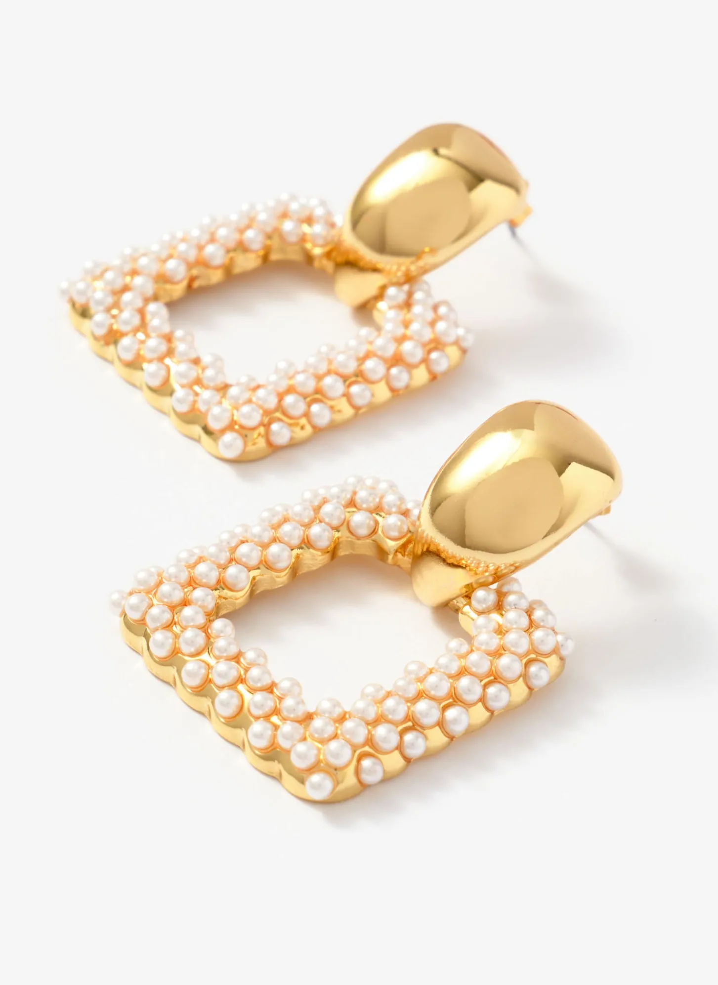 Gold Tone Statement Square Pearl Earrings