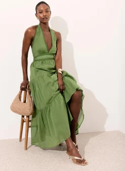 Green Cotton Halter Maxi Dress
