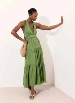 Green Cotton Halter Maxi Dress