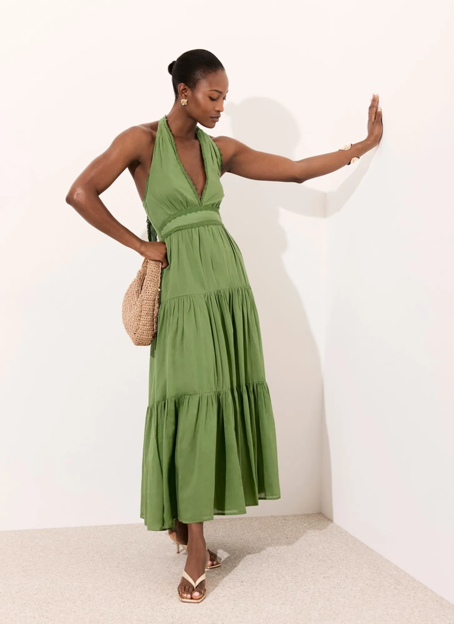 Green Cotton Halter Maxi Dress