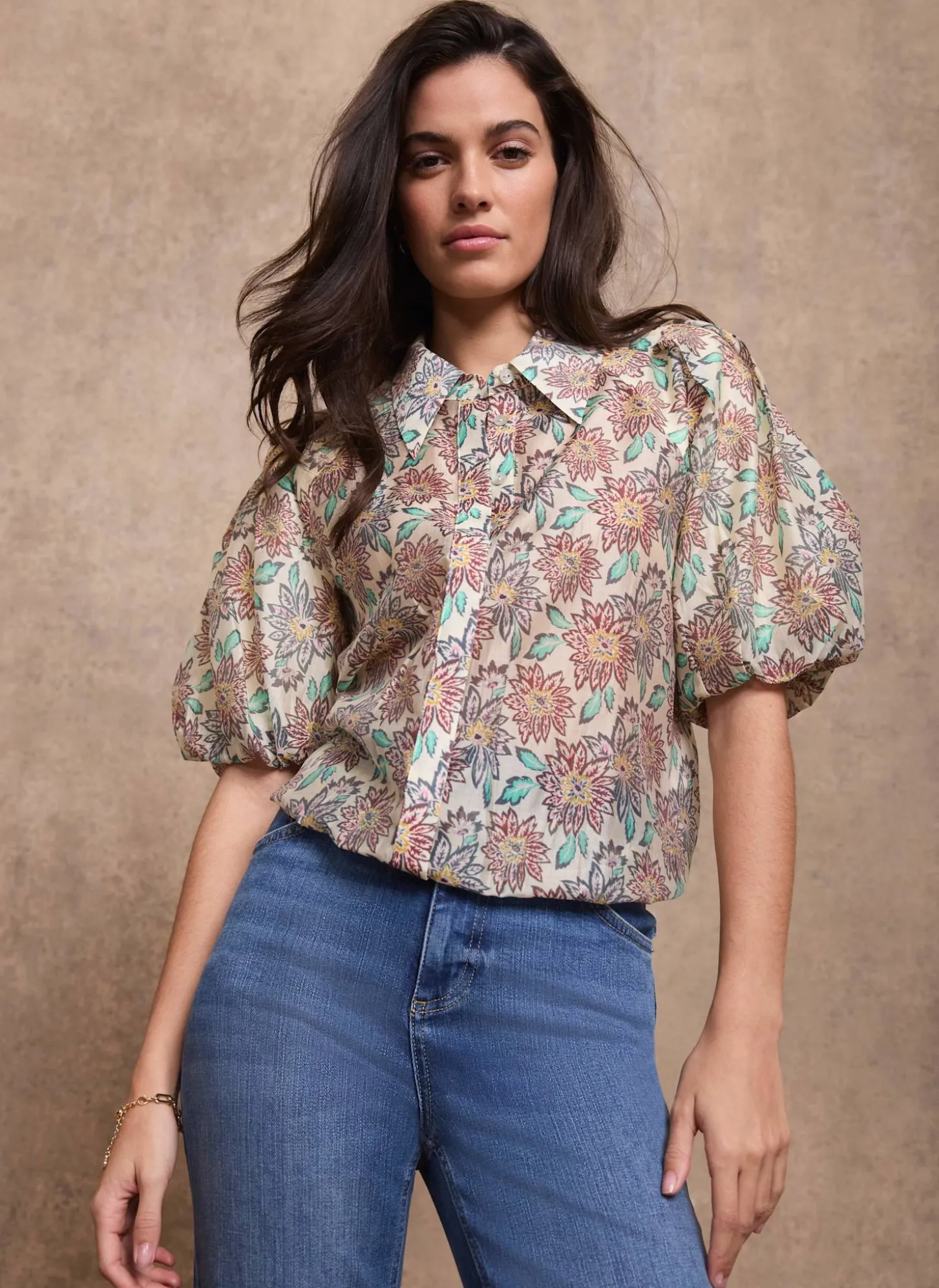 Green Floral Print Puff Sleeve Shirt