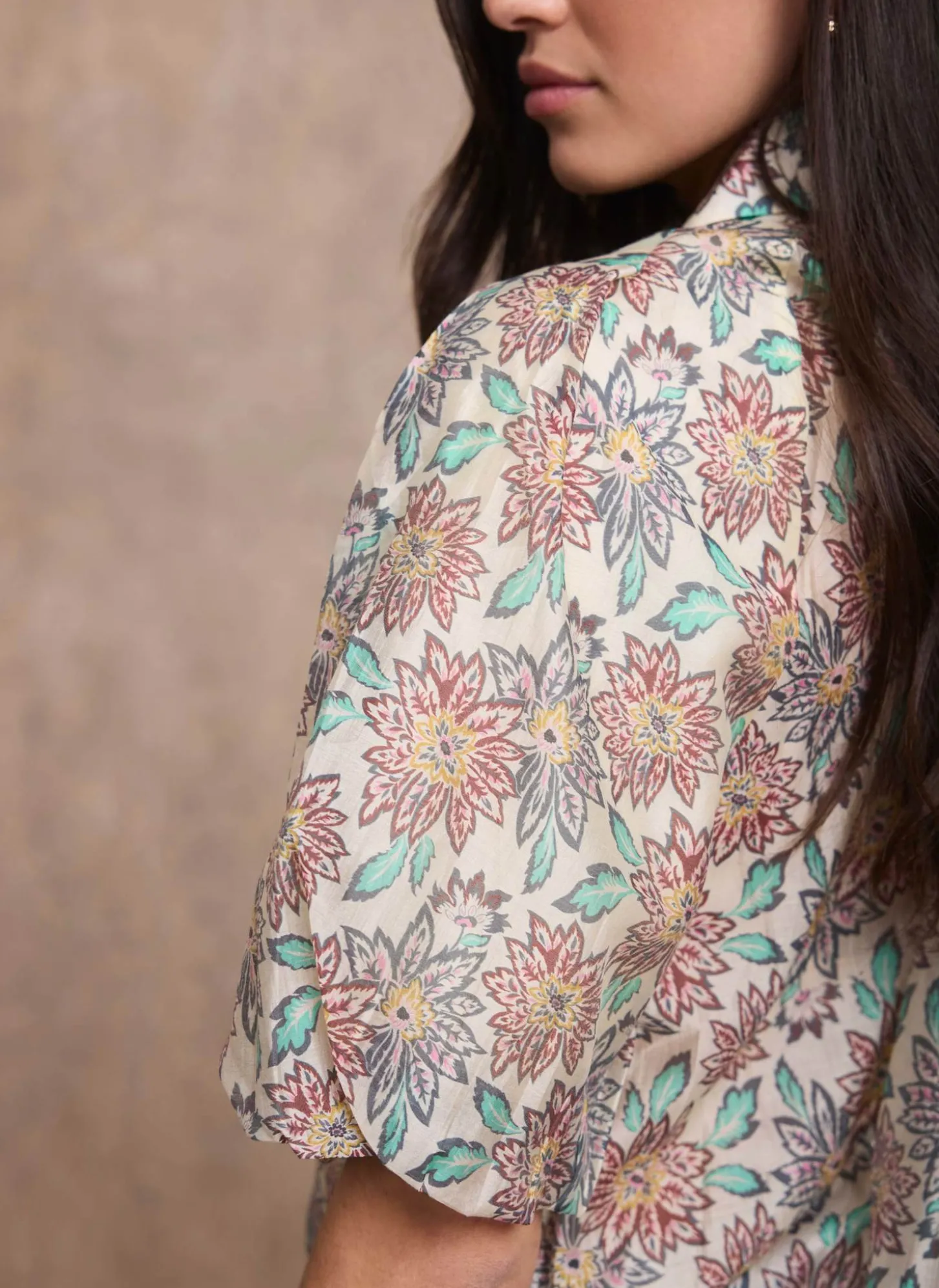 Green Floral Print Puff Sleeve Shirt