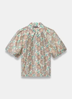 Green Floral Print Puff Sleeve Shirt