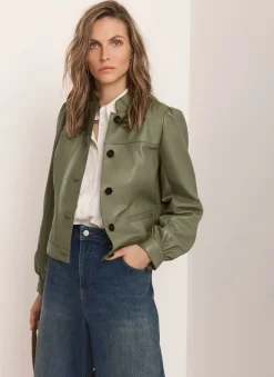 Green Leather Puff Sleeve Jacket