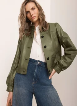Green Leather Puff Sleeve Jacket