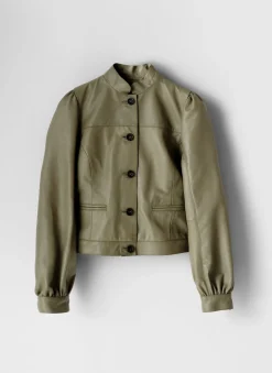 Green Leather Puff Sleeve Jacket