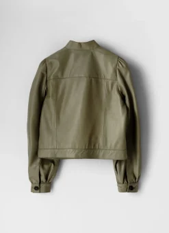 Green Leather Puff Sleeve Jacket
