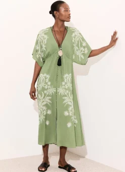 Green Palm Print Maxi Beach Dress