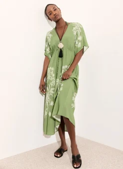 Green Palm Print Maxi Beach Dress