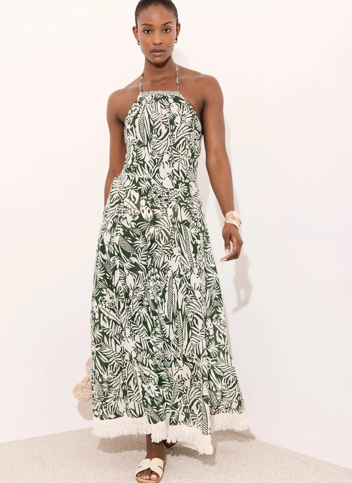 Green Printed Cotton Halterneck Maxi Dress
