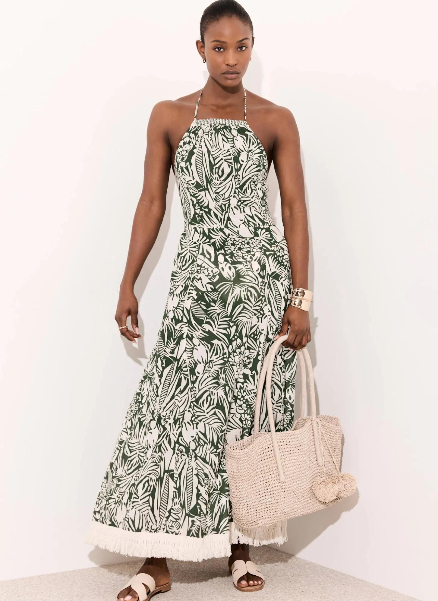 Green Printed Cotton Halterneck Maxi Dress