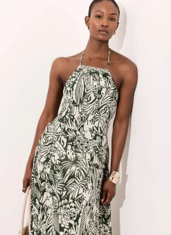 Green Printed Cotton Halterneck Maxi Dress