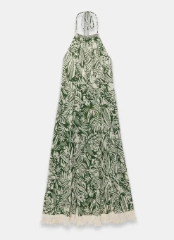 Green Printed Cotton Halterneck Maxi Dress