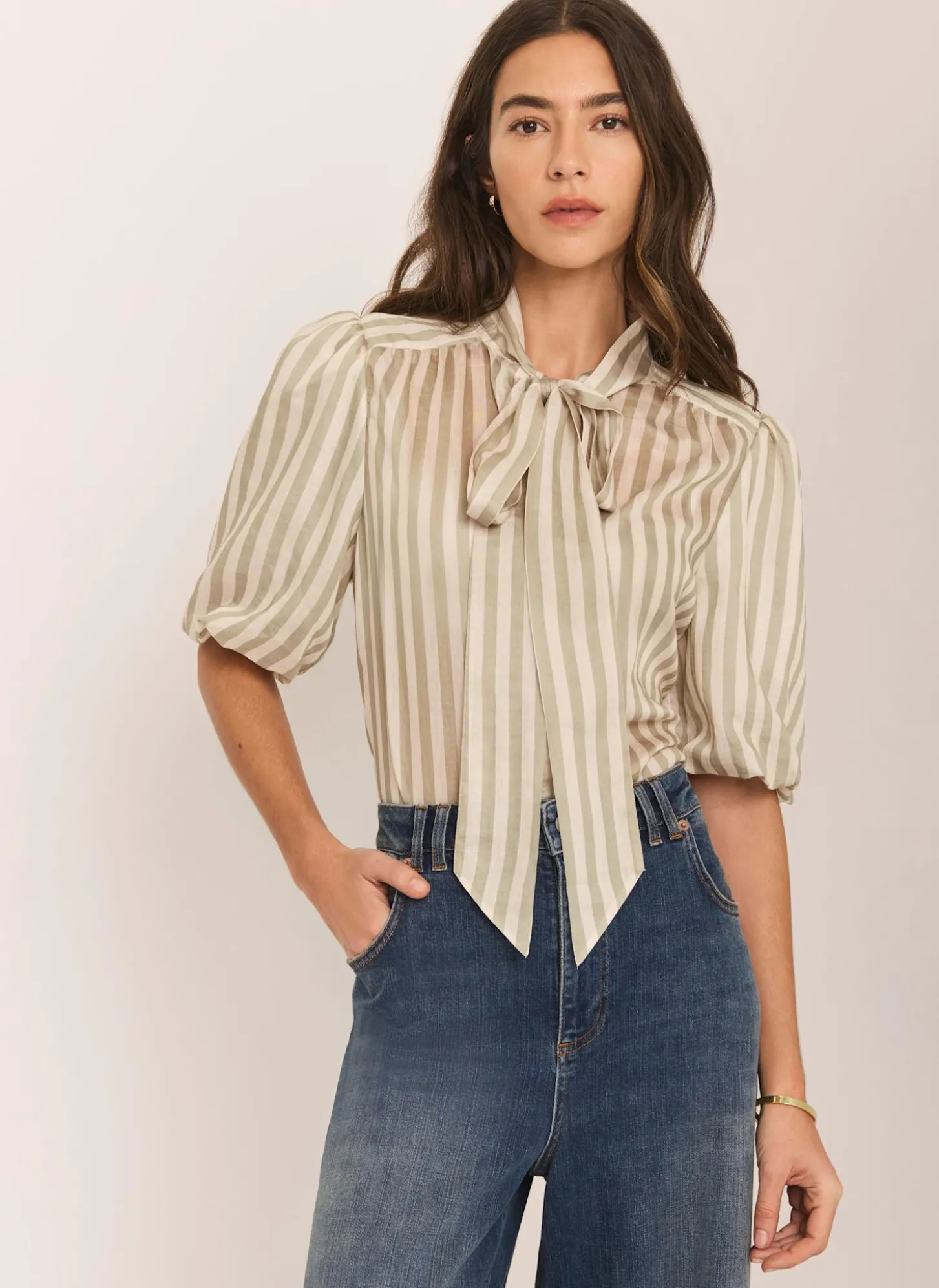 Green Striped Puff Sleeve Blouse