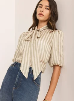 Green Striped Puff Sleeve Blouse