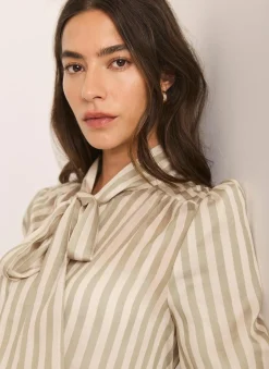 Green Striped Puff Sleeve Blouse