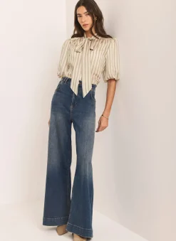 Green Striped Puff Sleeve Blouse