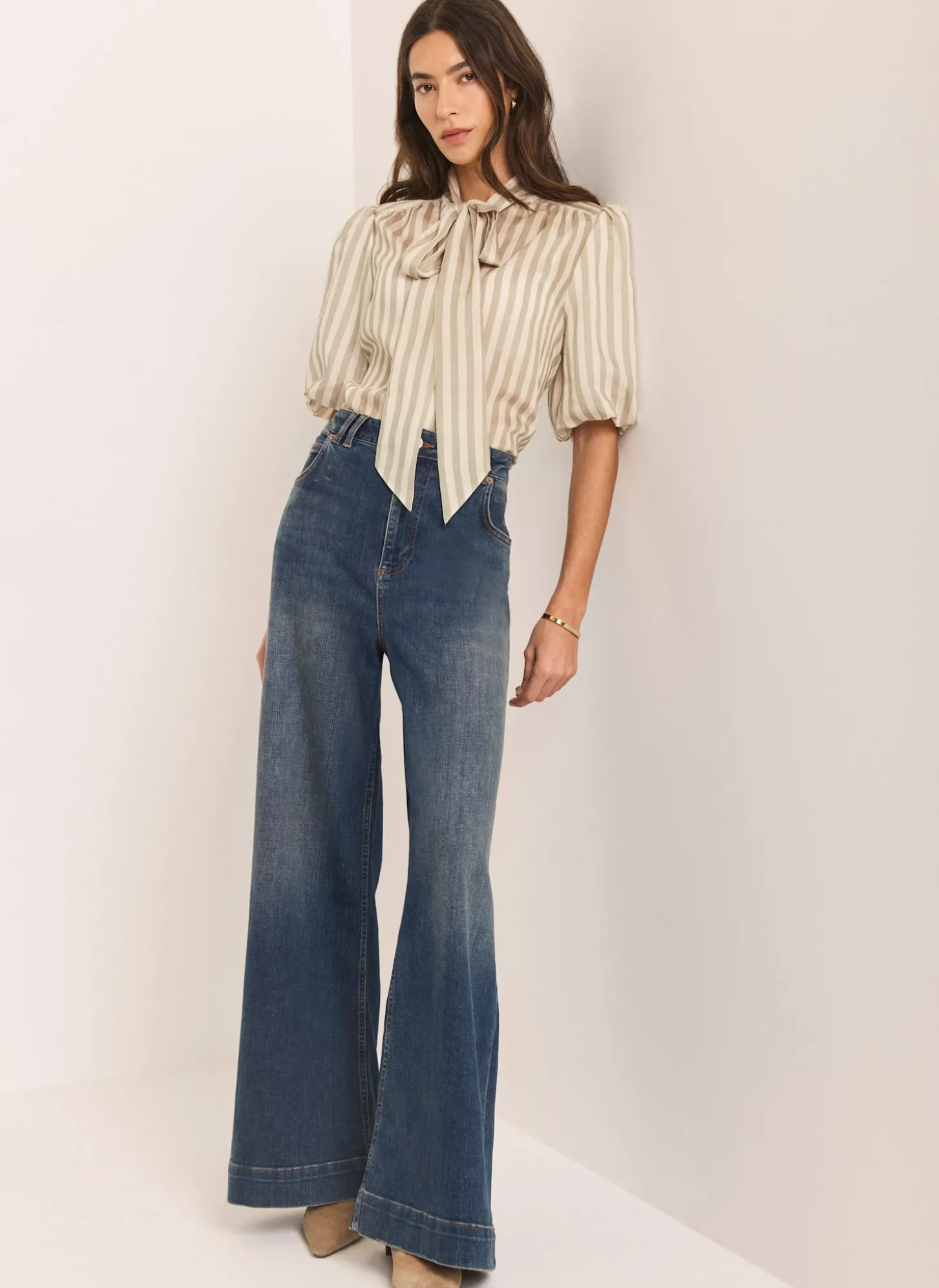 Green Striped Puff Sleeve Blouse