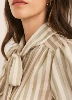 Green Striped Puff Sleeve Blouse