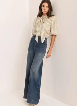Green Striped Puff Sleeve Blouse