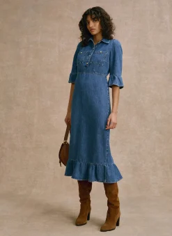Indigo Denim Midi Shirt Dress
