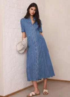 Indigo Denim Scallop Detail Midi Dress