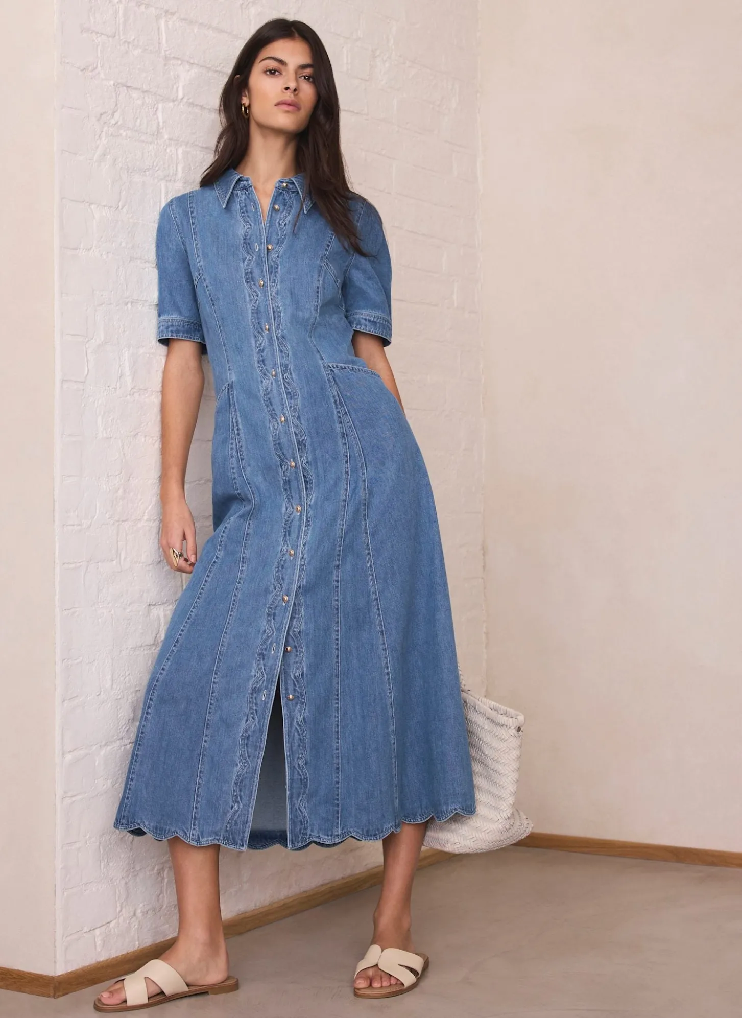 Indigo Denim Scallop Detail Midi Dress