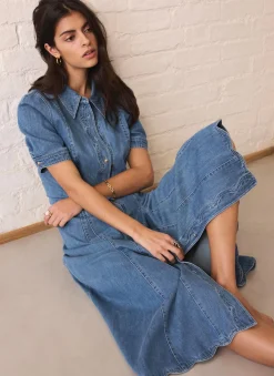 Indigo Denim Scallop Detail Midi Dress