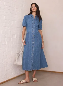 Indigo Denim Scallop Detail Midi Dress
