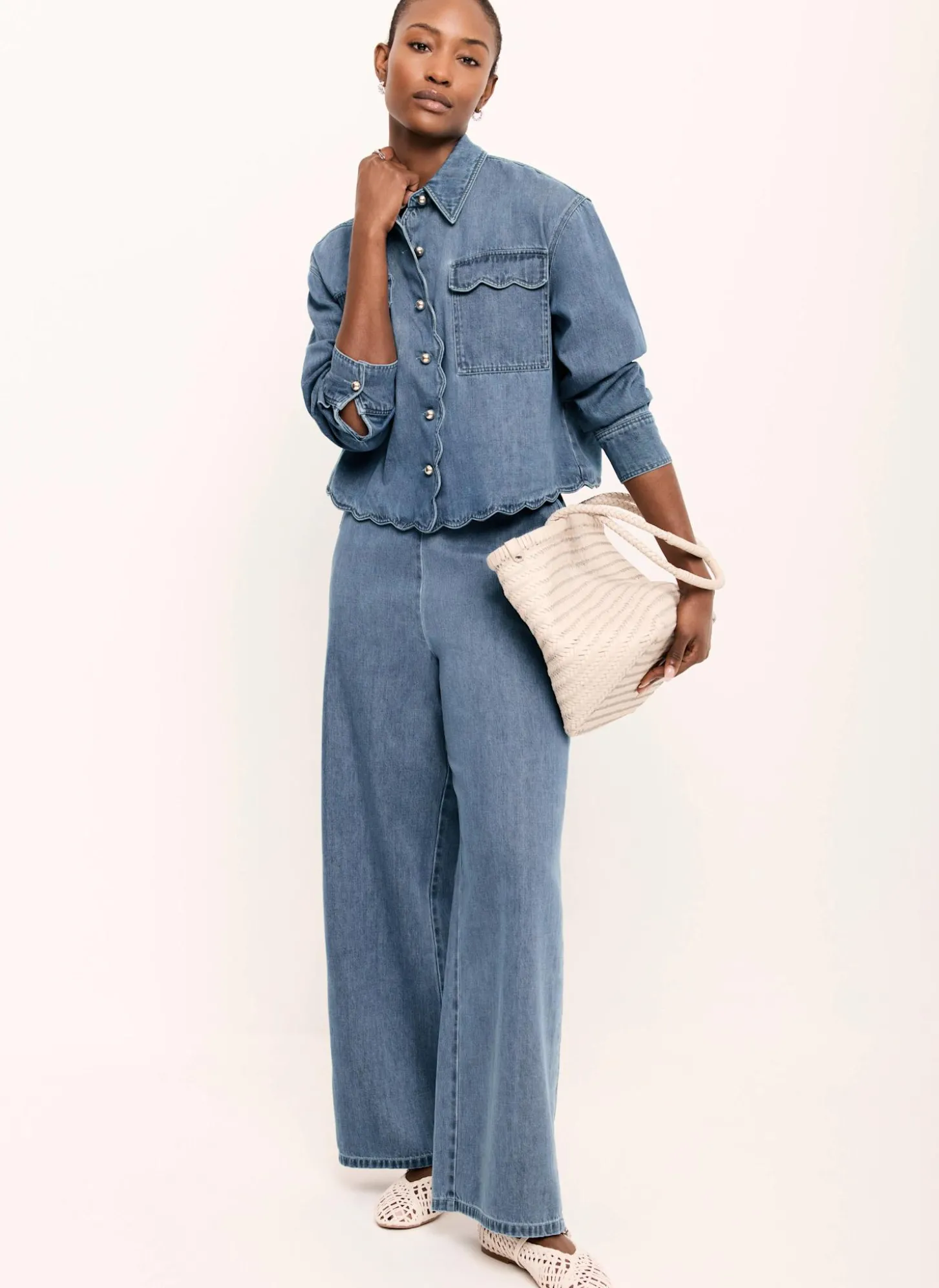 Indigo Scallop Trim Wide Jeans