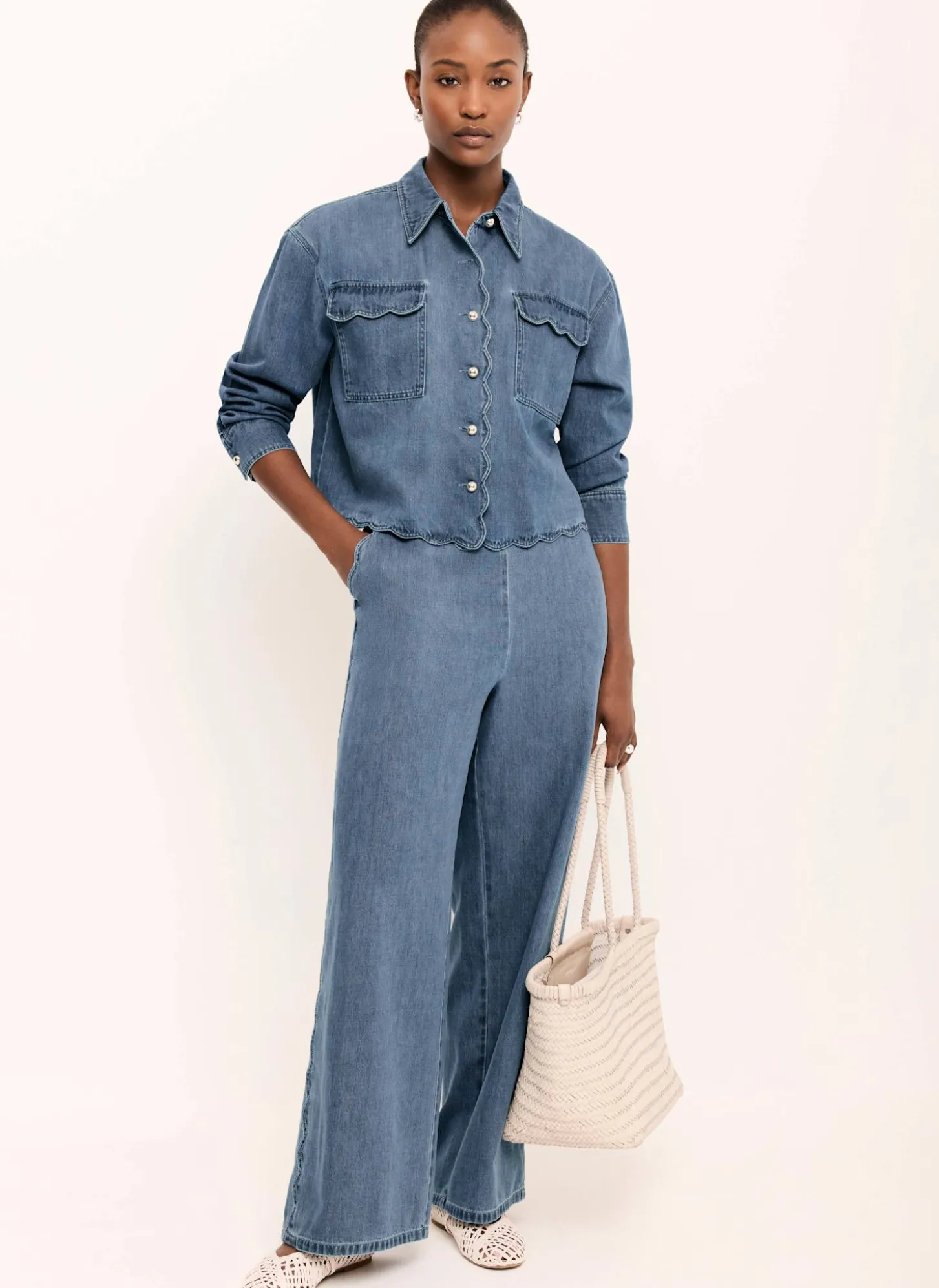 Indigo Scallop Trim Wide Jeans