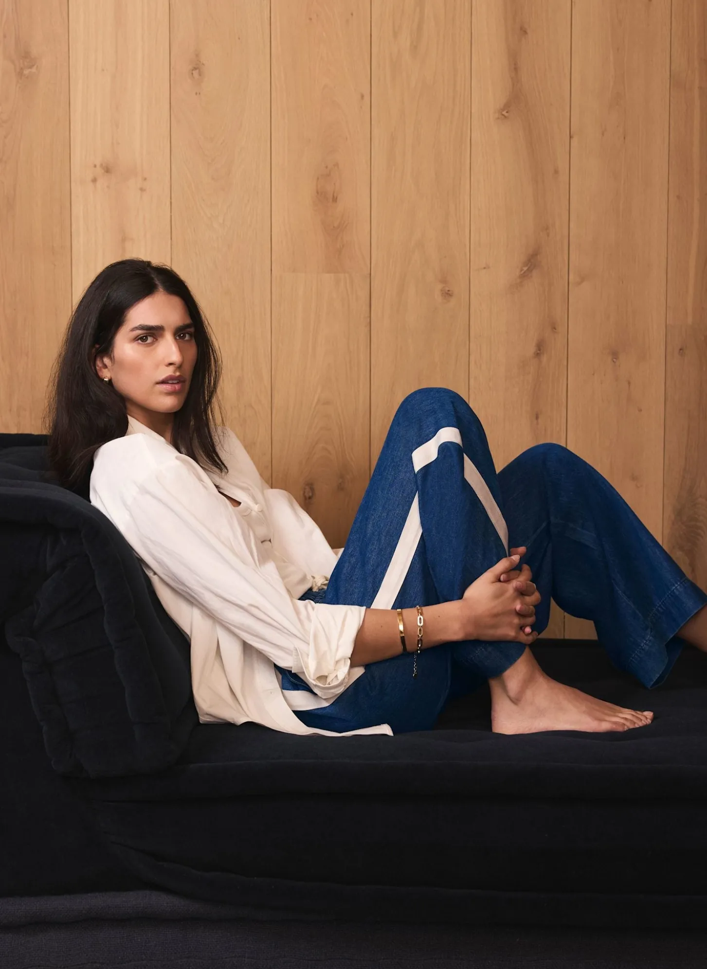Indigo Tie Waist Side Stripe Wide Jeans