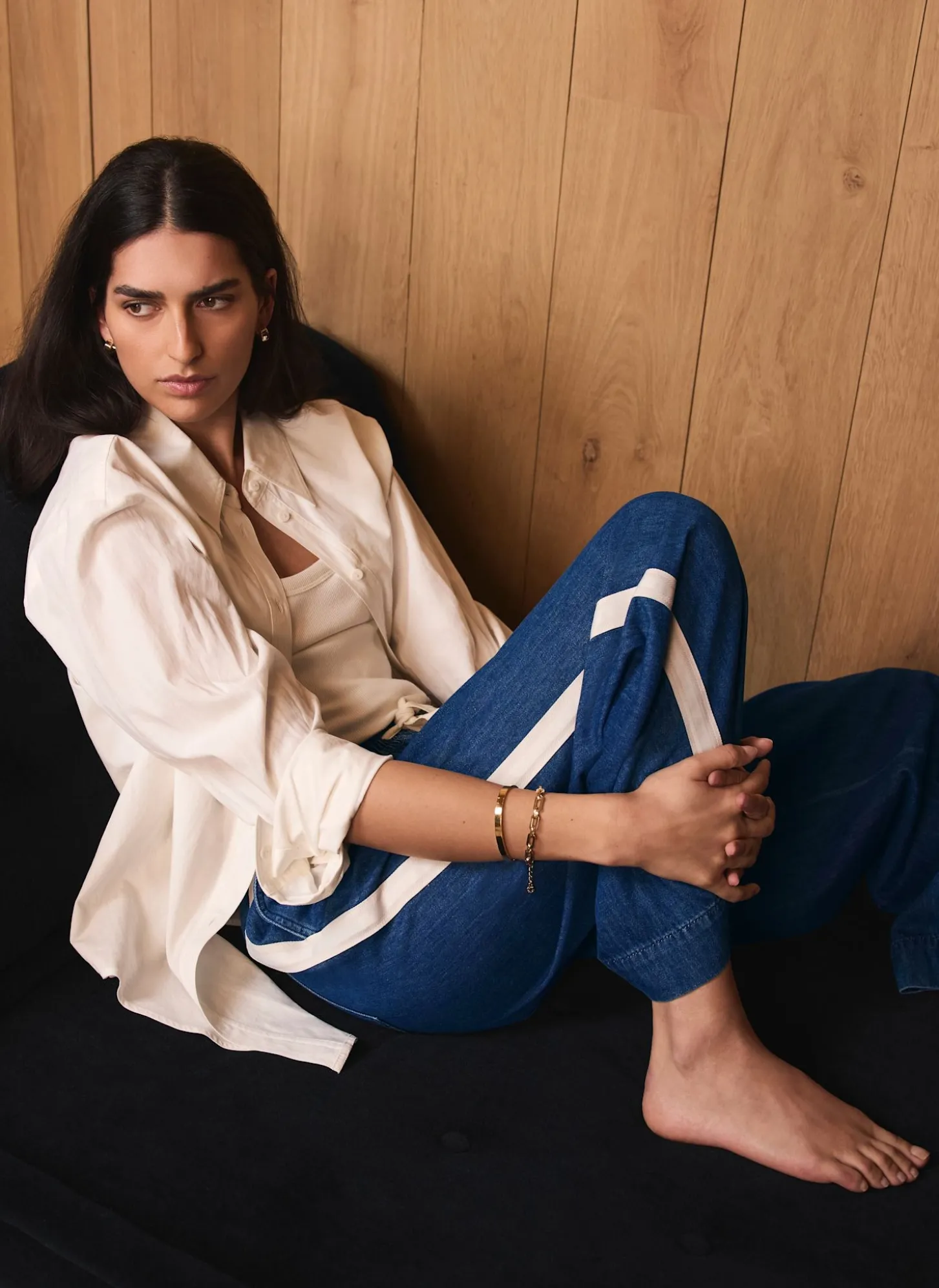 Indigo Tie Waist Side Stripe Wide Jeans