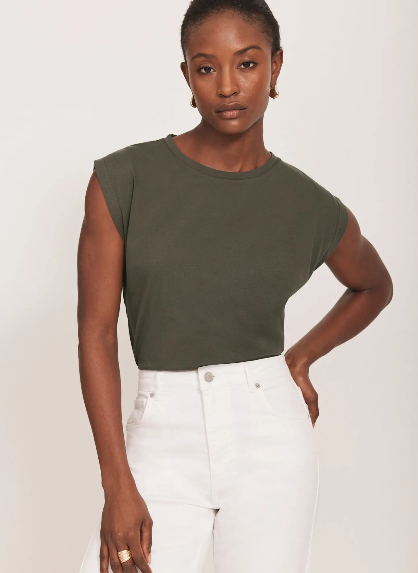 Khaki Cotton Extended Shoulder T-Shirt