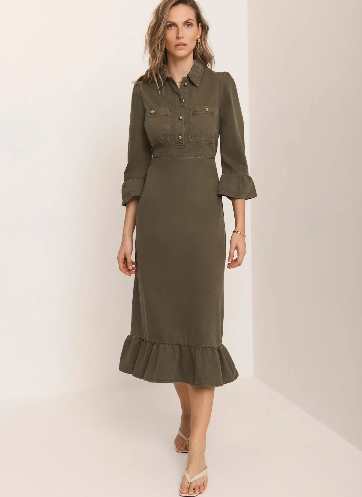 Khaki Denim Midi Shirt Dress
