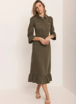 Khaki Denim Midi Shirt Dress