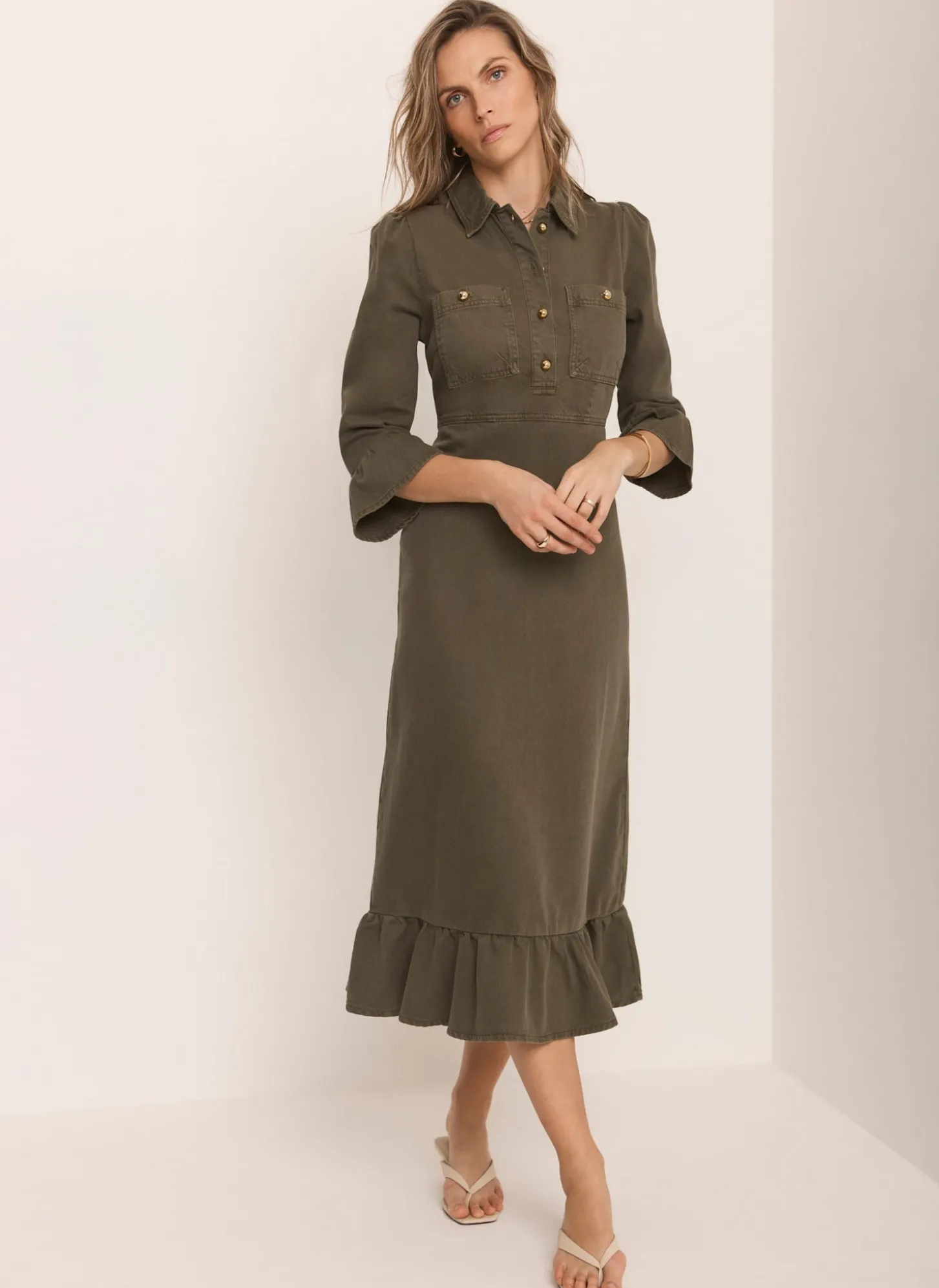 Khaki Denim Midi Shirt Dress