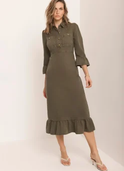 Khaki Denim Midi Shirt Dress