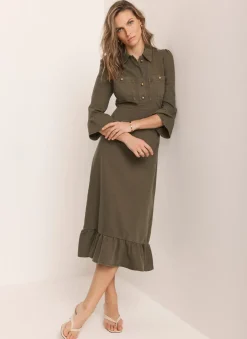 Khaki Denim Midi Shirt Dress