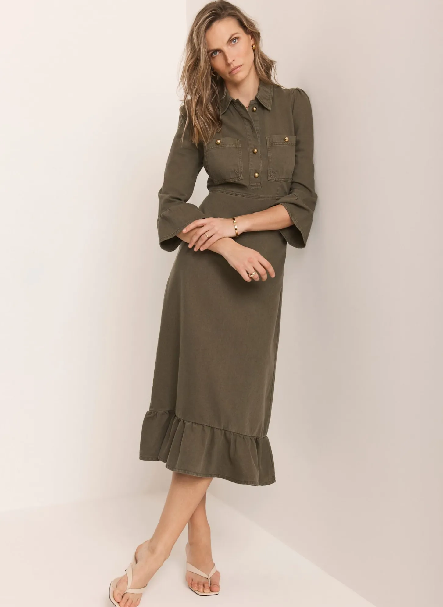 Khaki Denim Midi Shirt Dress