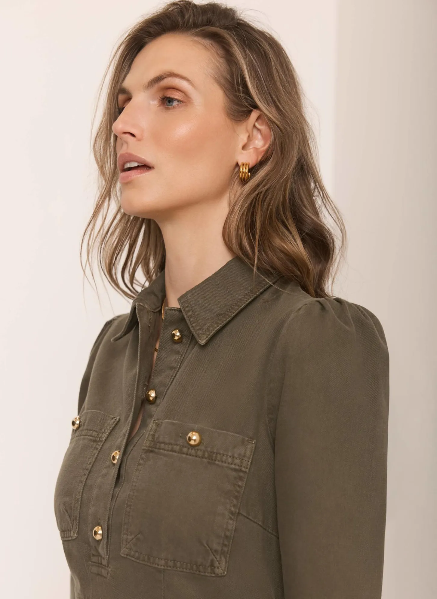Khaki Denim Midi Shirt Dress