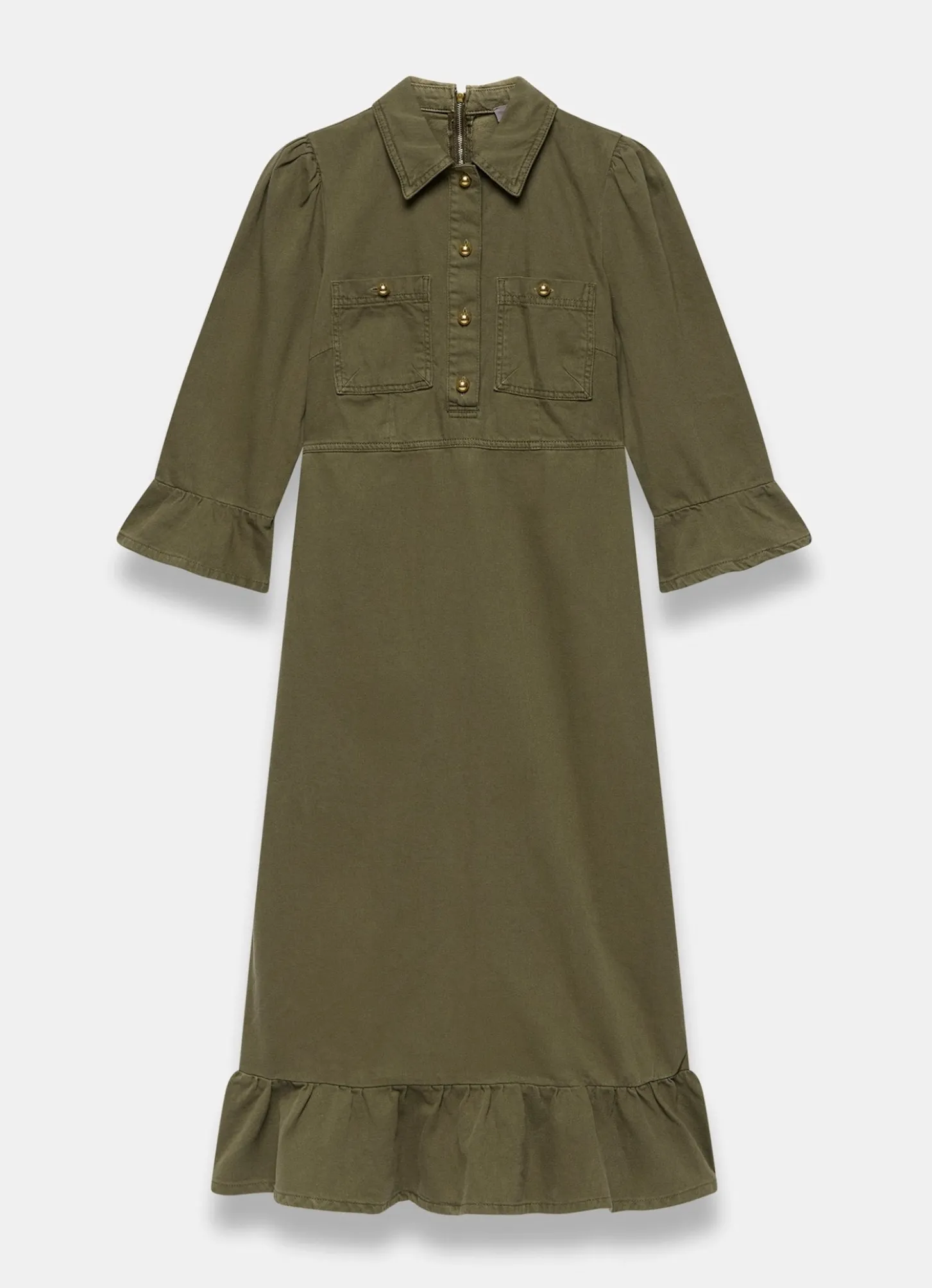 Khaki Denim Midi Shirt Dress