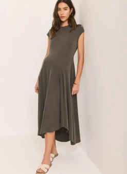 Khaki Jersey Asymmetric Midi Dress