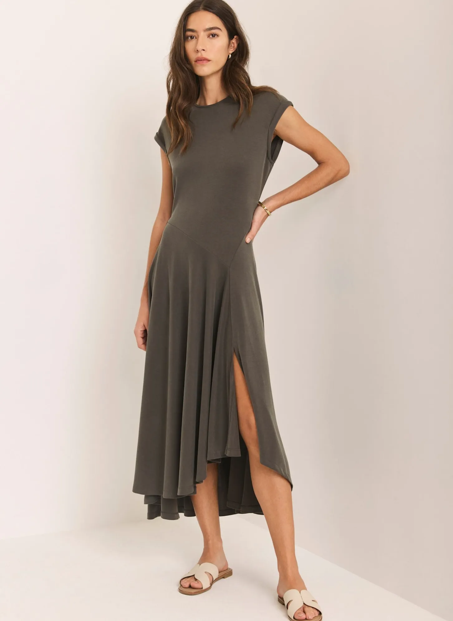 Khaki Jersey Asymmetric Midi Dress