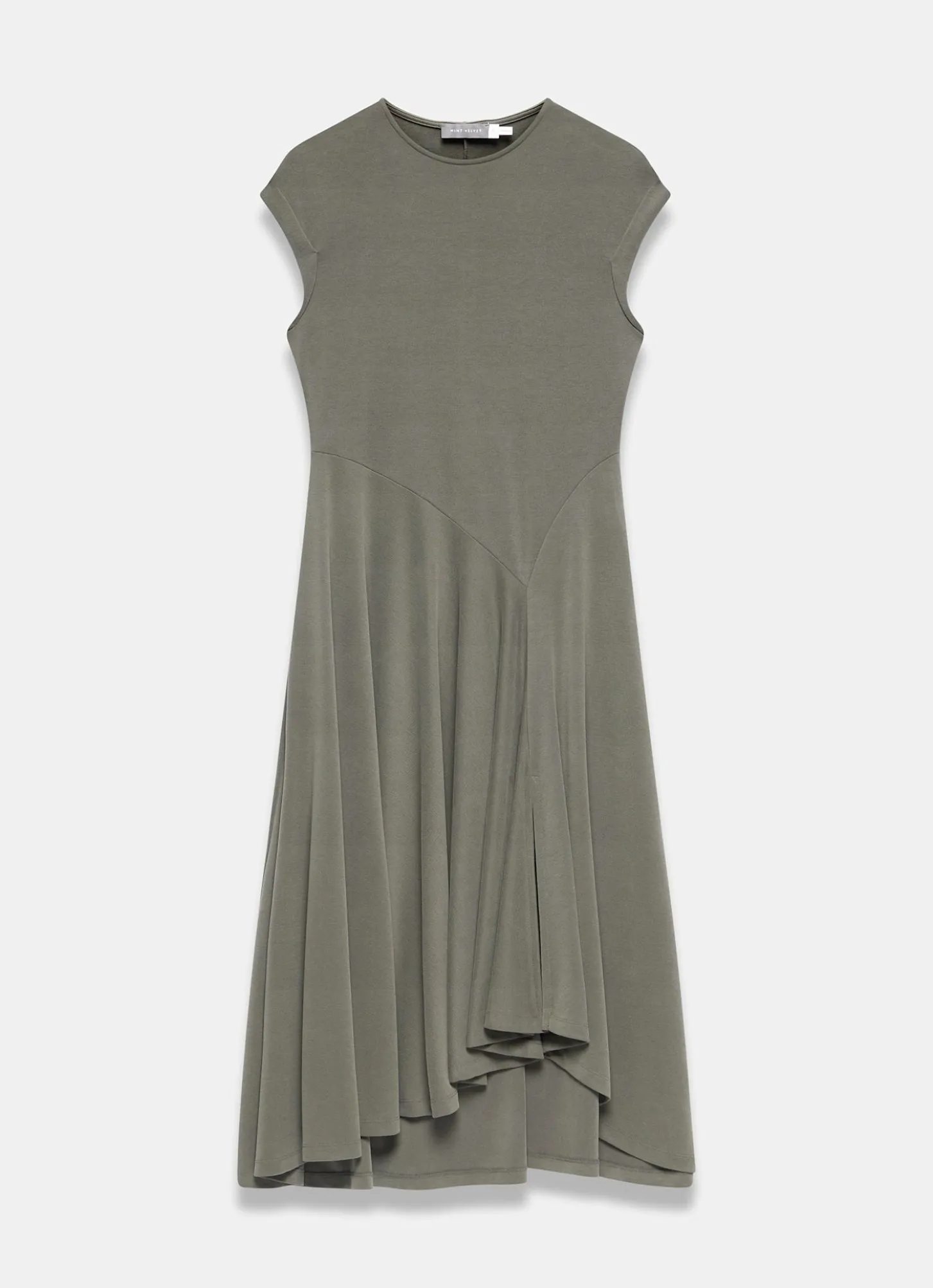 Khaki Jersey Asymmetric Midi Dress