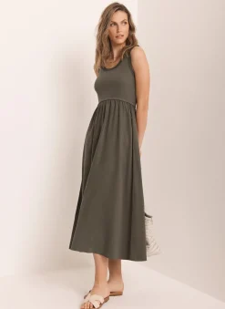Khaki Ruched Trim Cotton Midi Dress