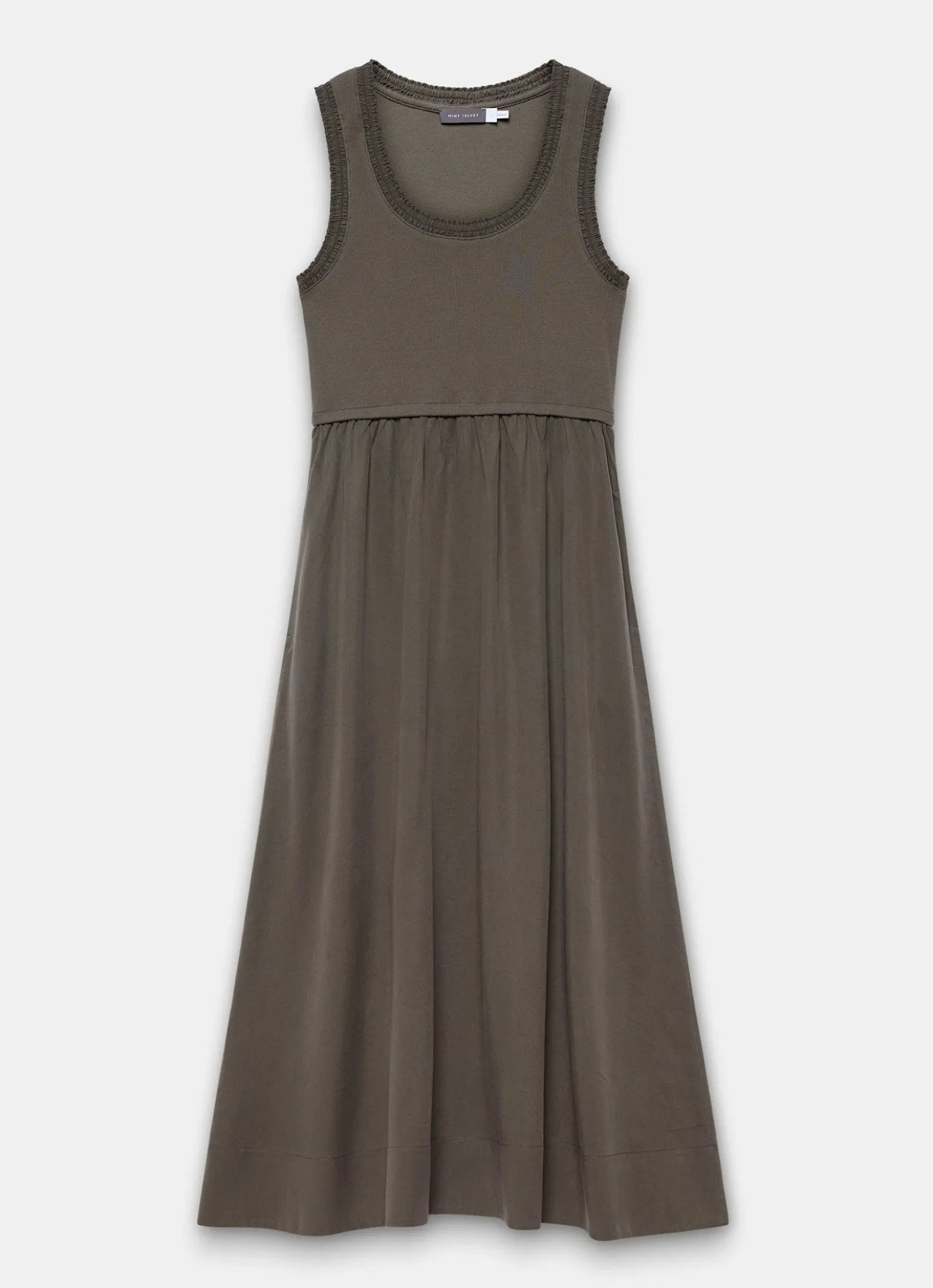 Khaki Ruched Trim Cotton Midi Dress