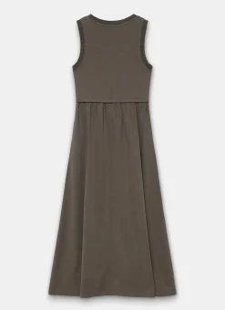 Khaki Ruched Trim Cotton Midi Dress